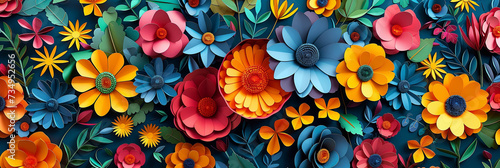 Colorful floral flower illustration, wide format image. 