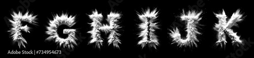 Letters F G H I J K - White powder explosion font isolated on black background - uppercase letters from the alphabet - White contrasting with a black background text - White dust burst typeset