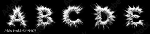Letters A B C D E - White powder explosion font isolated on black background - uppercase letters from the alphabet - White contrasting with a black background text - White dust burst typeset