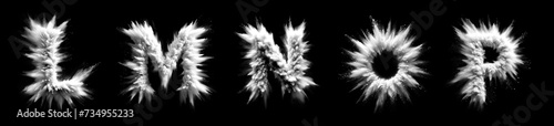 Letters L M N O P - White powder explosion font isolated on black background - uppercase letters from the alphabet - White contrasting with a black background text - White dust burst typeset