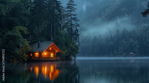 A cabin by a lake, surrounded by trees in a forest
