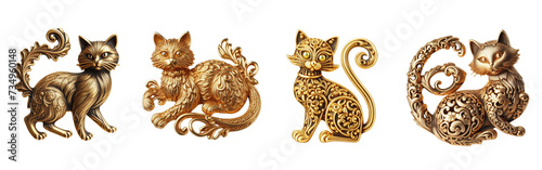 4 Old fashioned cat brooch made of gold with intricate design set against a transparent background