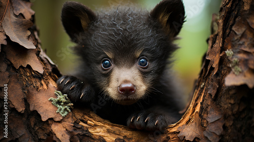 A curious black bear cub peers out from behind a tree branch, its eyes wide with wonder. The cub's fur is dark and glossy, and the leaves on the branch are a vibrant green.