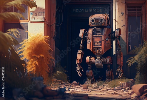 robot au milieu d'un rue avec des immeuble en ruine, dessin - illustration ia. Generative AI