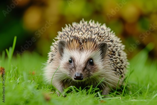 Small hedgehog pet on green grass outdoors in summer day. Woodland animal portrait in wildlife