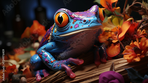 Blue frog perched atop a wooden branch, displaying its vibrant hues against the natural backdrop. Generative AI.