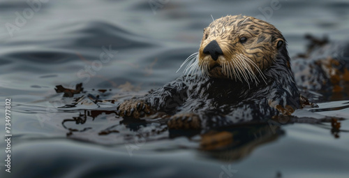 A sea otter floats lifelessly on the surface its fur matted and stained from the spilled oil.