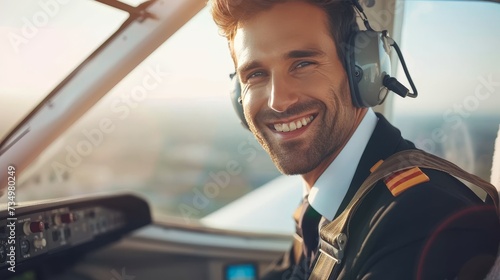 Handsome male pilot smiling in cockpit of airplane attractive aviator gazing away in portrait shot