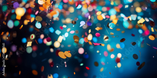 Vibrant confetti explosion in festive celebration with colorful pieces floating in a dreamy blue background filled with soft bokeh lights