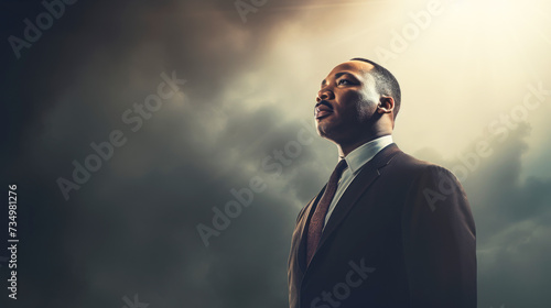A man in a suit, illuminated by celestial light, looks upward, a visual metaphor for aspiration, the pursuit of dreams, and the limitless potential of the human spirit.