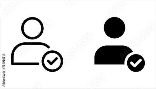 Profile with checkmark icon set, line outline art user account accepted symbol with tick, approved or applied person sign on white background