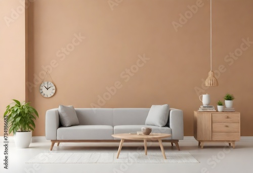 A modern living room setup with a grey sofa, a wooden coffee table, and a wooden side cabinet with plants on top. There's a wall clock, pendant lights, and a potted plant to the left.