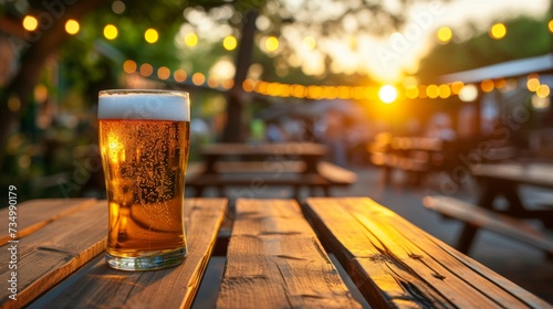 Tasty pilsner beer with foamy head on wooden table, bartender in background, space for text.