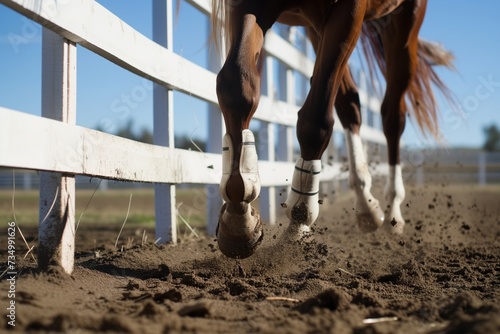 close view of horses hooves clearing a white fence