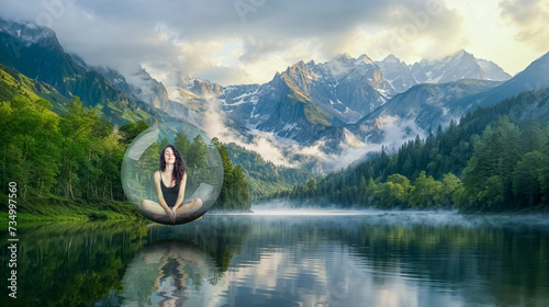 une femme assise en tailleur médite à l'intérieur d'une bulle qui lévite au dessus d'un lac avec forêt et montagnes en arrière-plan