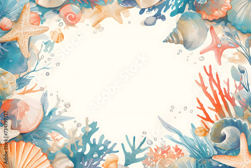 Cute cartoon shell frame border on background in watercolor style.