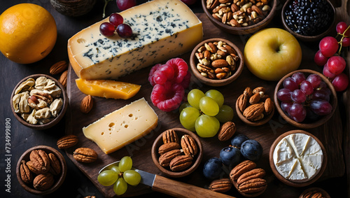 Artisanal cheese board featuring a variety of cheeses, fruits, and nuts.