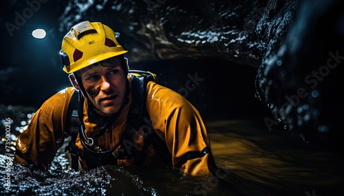 Man in Yellow Helmet in Cave