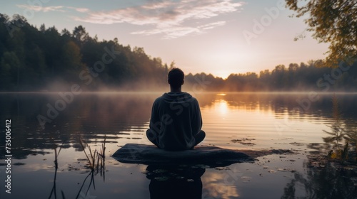 Person Sitting on Rock in Middle of Lake