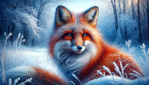 An enchanting digital art depiction of a red fox in a snowy forest, with vivid blue eyes and lush fur highlighted by the frosty environment.Animal representation concept.AI generated.