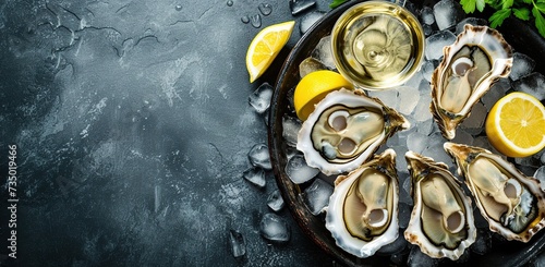 Oysters on ice with lemon and a glass of wine. The concept of seafood delicacies and gastronomic pleasure.