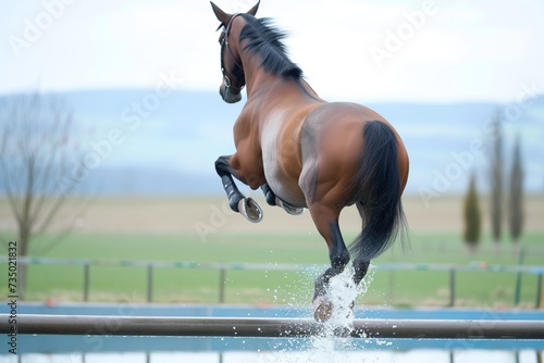 rear view of a horse soaring over a water jump