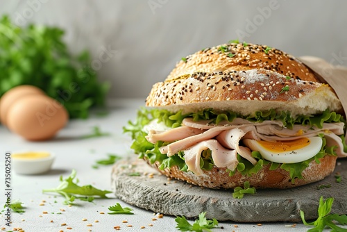 turkey and herb sandwich in the bun with eggs on the side
