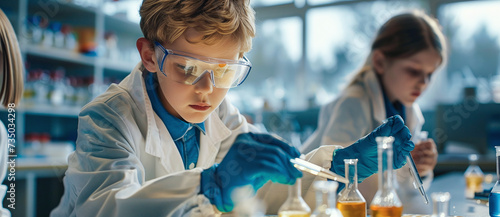 children studying science in school laboratory and conducting experiments