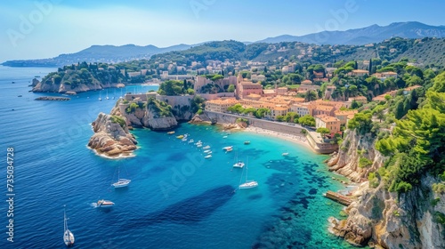 Panoramic vista of C√¥te d'Azur shoreline featuring ancient village locale in France.