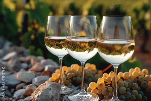 French white wine glasses from vineyards in the Burgundy region with a representation of flint stones in the soil.