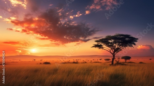 silhouette of tree at sunset in savanna