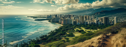 Aerial view of Honolulu cityscape and coast. 