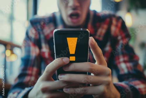 Shocked Man with Smartphone Showing Warning Sign. Surprised man on a city street holding a smartphone displaying an orange exclamation point, suggesting alarming news or alert.