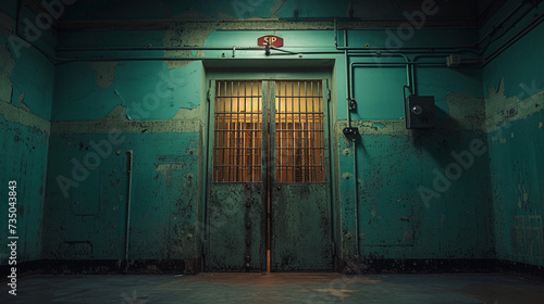 A door in a green room with a barred window