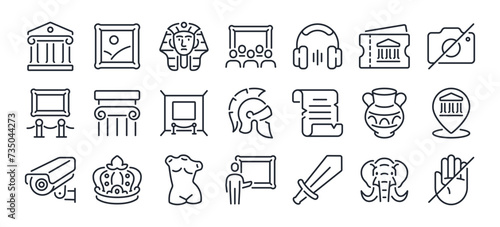 Museum and art exhibition editable stroke outline icons set isolated on white background flat vector illustration. Pixel perfect. 64 x 64..