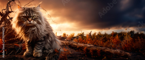A long-haired cat stands sovereign against the tumult of a stormy sky, its demeanor reflecting the indomitable spirit of independence and the power of solitary grace.
