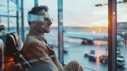 Businessman Wait for a Flight and Sit in the Boarding Lounge of the Airline, view from the airport terminal glass window with a view of an airplane.