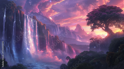 A vibrant fantasy world where waterfalls flow upwards trees sparkle under the twilight and unicorns prance around