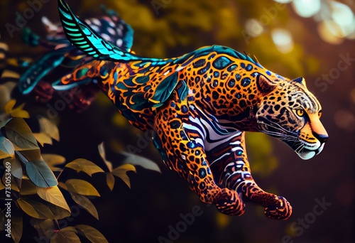 Jaguar con alas volando entre la selva inspirado por el alebrije de la pelicula coco. Generative AI