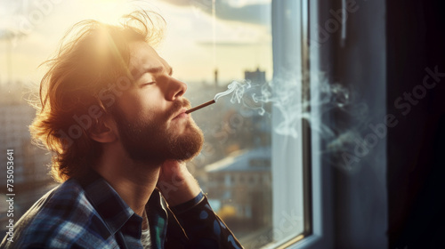 Young man smoking marijuana joint near the window