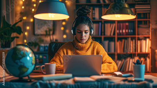 Dedicated young woman studying late at night surrounded by books, wearing headphones and a warm yellow sweater