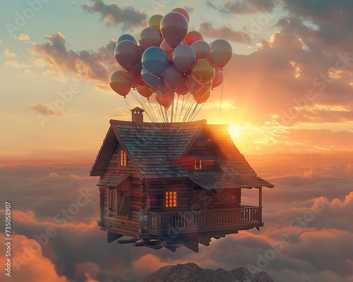 A cozy wooden house ascending gently tethered to countless balloons against a sunset backdrop