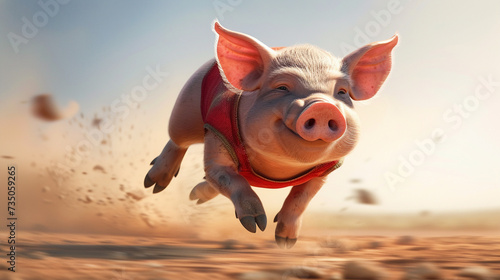 A pig in exercise clothes running with determination but showing signs of tiredness