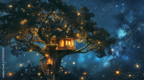 A tree house aglow with candlelight surrounded by fireflies under the starry night sky