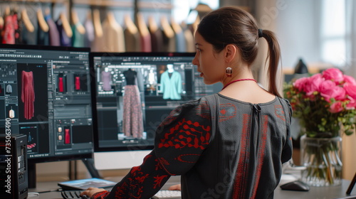 A female fashion designer attentively edits clothing patterns on a computer in a well-lit design studio.