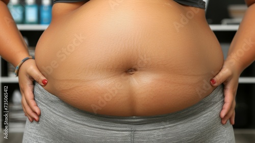 Close up view of overweight woman s fat body with belly fat pad, obesity concept