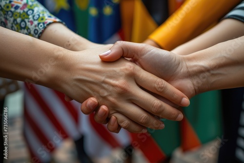 Two individuals shake hands firmly in front of a blur of international flags, symbolizing unity and cooperation between nations.