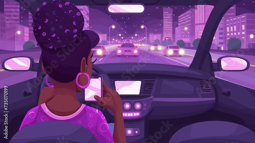 Reckless young woman jeopardizing safety by using smartphone while driving, unsafe driving concept