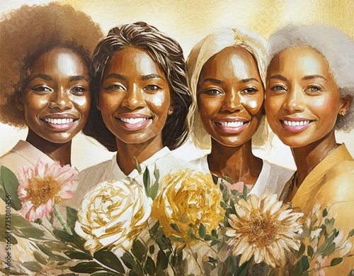 Portret czterech kobiet w różnym wieku i o różnym kolorze skóry i pochodzeniu etnicznym trzymających w dłoniach kwiaty. Dzień kobiet