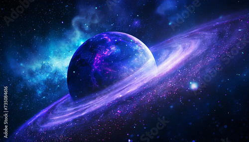 3D glowing planet from the dark blue space in a beautiful nebula dust, cosmos with stars, spiral galaxy background, abstract science fiction concept.